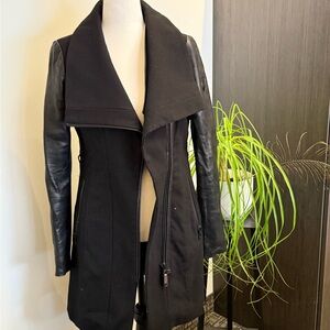 RUDSAK Black Wool Coat with Leather Sleeves